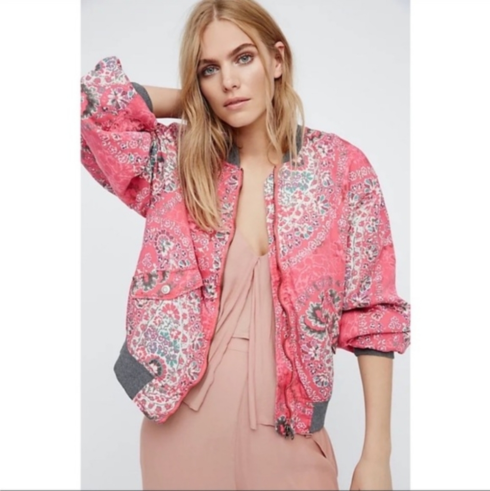 Free People Pink Quilted Floral Bomber Jacket Zip Up
